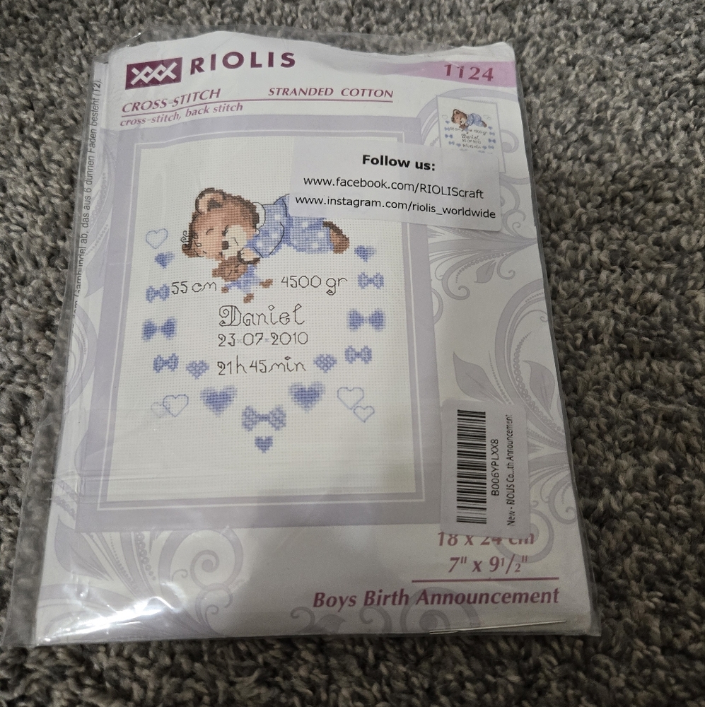 Boys Birth Announcement Cross-Stitch Kit 7" x 9.5", New in Package